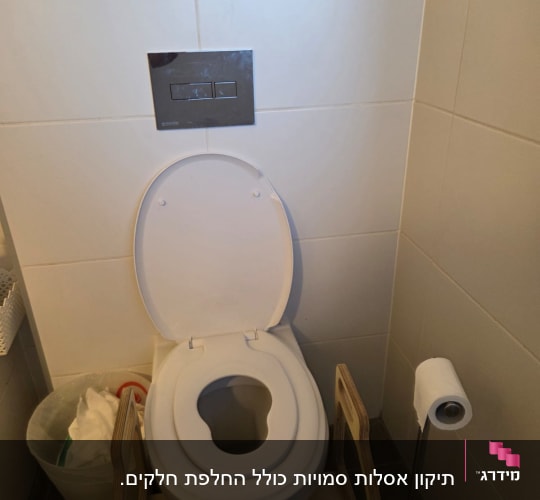 אסלה תלויה עם לחצן ניאגרה סמויה בחדר שירותים